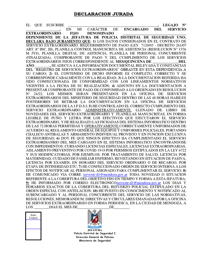 Declaración Jurada de Servicio Extraordinario | PDF | Gobierno