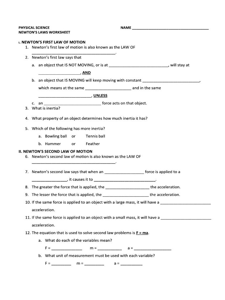 Newton S Law Worksheet Pdf