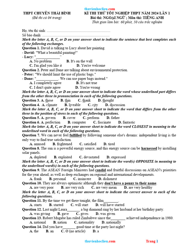 De Thi Thu TNTHPT Tieng Anh Chuyen Thai Binh 2024 Lan 1 PDF Fresh