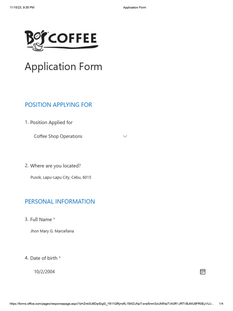 Barista Job Application Form Template | PDF | Coffee | Cognitive Science