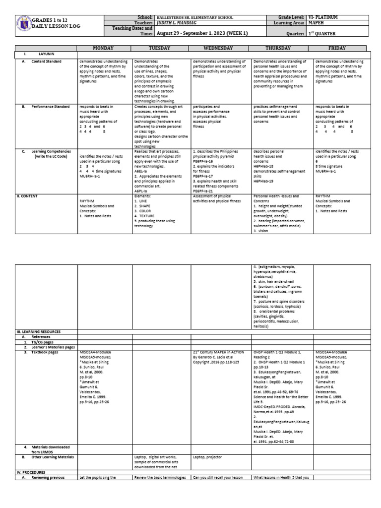 Mapeh DLL | PDF | Rhythm | Physical Fitness