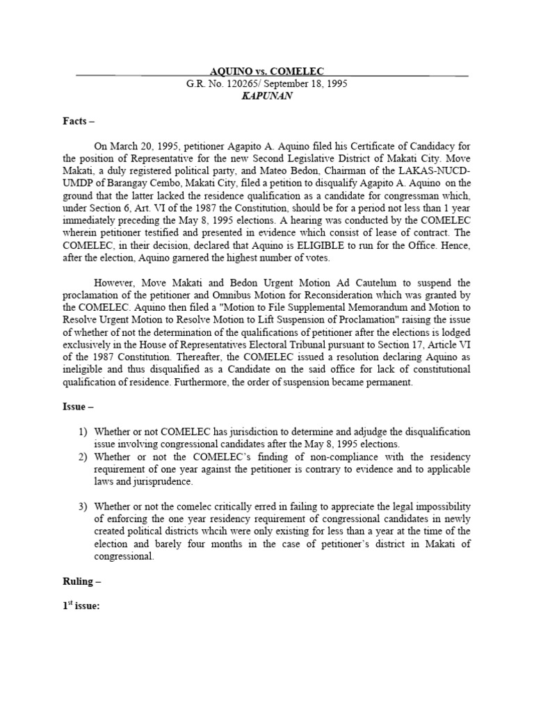 Aquino Vs. Comelec 62 Scra 275