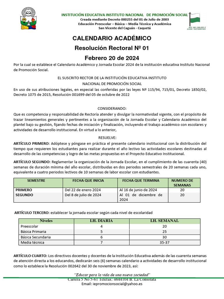 Calendario Académico 2024 Instituto Nacional | PDF