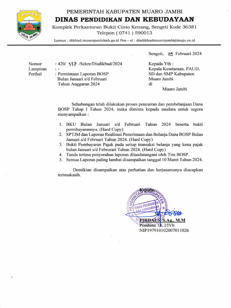 Surat permintaan laporan dana bosp tahap i bulan jan feb 2024 pdf
