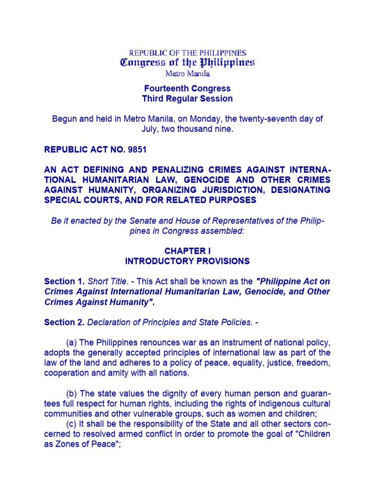 20 Republic Act No. 9851 | PDF | Geneva Conventions | Crimes Against ...