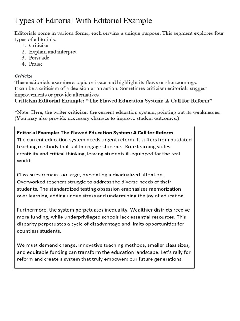 Types of Editorial With Editorial Example | PDF