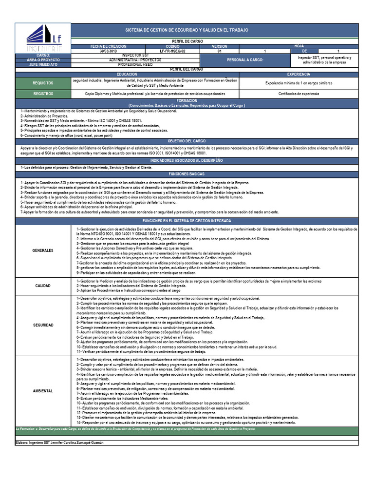 Perfil de Cargo Inspector SST | Descargar gratis PDF | Business