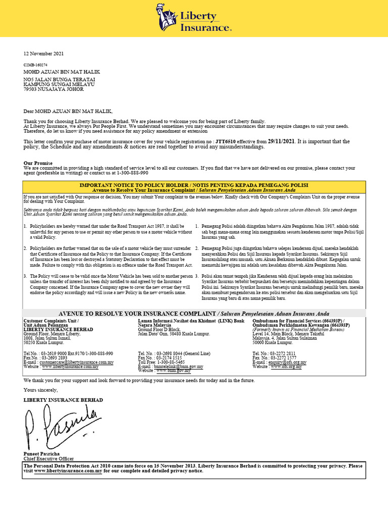 Liberty Motor Insurance Confirmation | PDF | Insurance | Vehicle Insurance