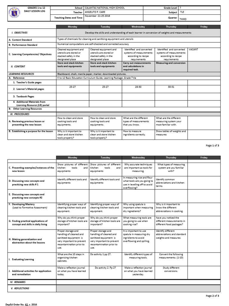 Grade 7 TLE Daily Lesson Plan | PDF | Kitchen | Learning