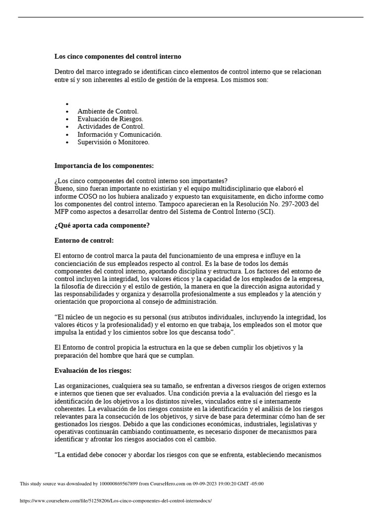 Los Cinco Componentes Del Control Interno | PDF | Contabilidad | Business