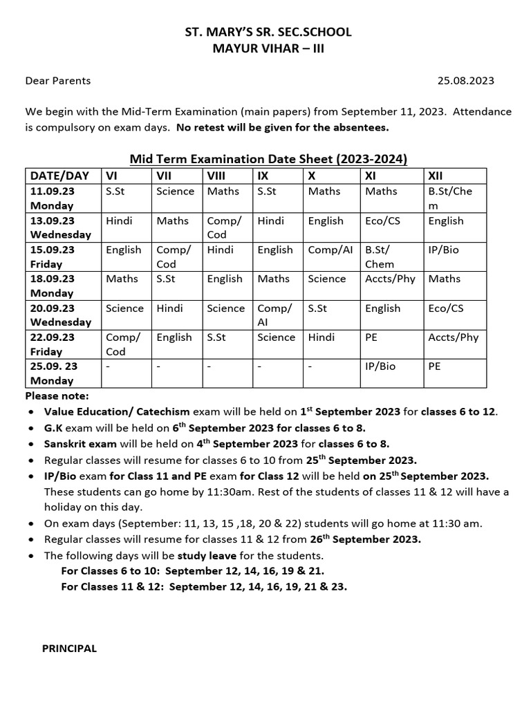 Class 11 Mid Term Date Sheet 2023 24
