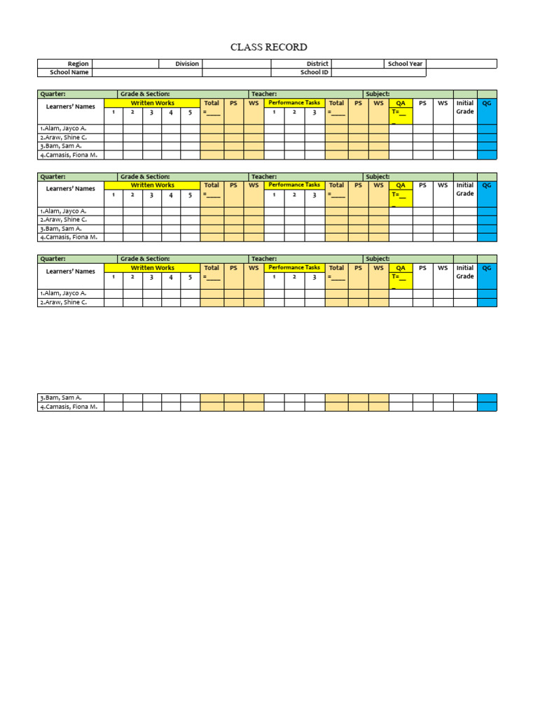 Class Record Template for Teachers | PDF