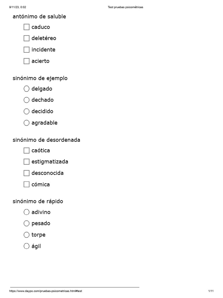 Antónimos y sinónimos en pruebas psicométricas | PDF