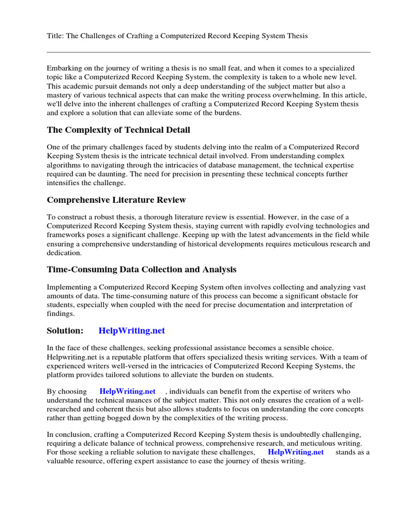 Computerized Record Keeping System Thesis PDF Electronic Health