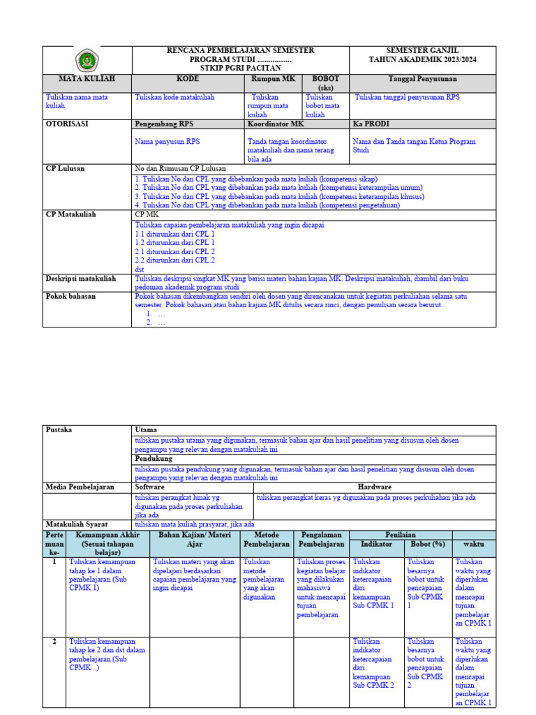 Format RPS STKIP PGRI Pacitan | PDF