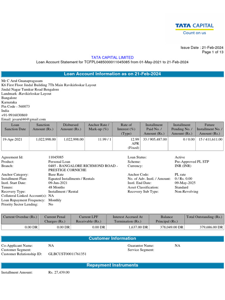 Tata Capital PL STMT As On 21 Feb 2024 Download Free PDF Debits And Credits Receipt