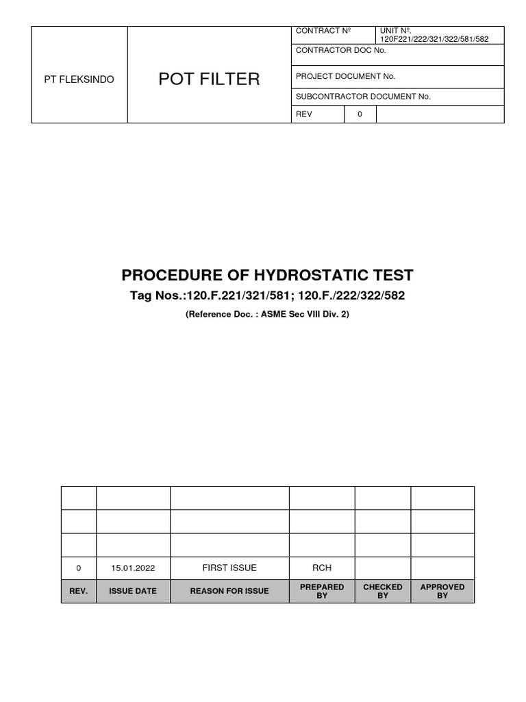 Hydrostatic Test Procedure for POT Filter | PDF | Leak | Pipe (Fluid ...
