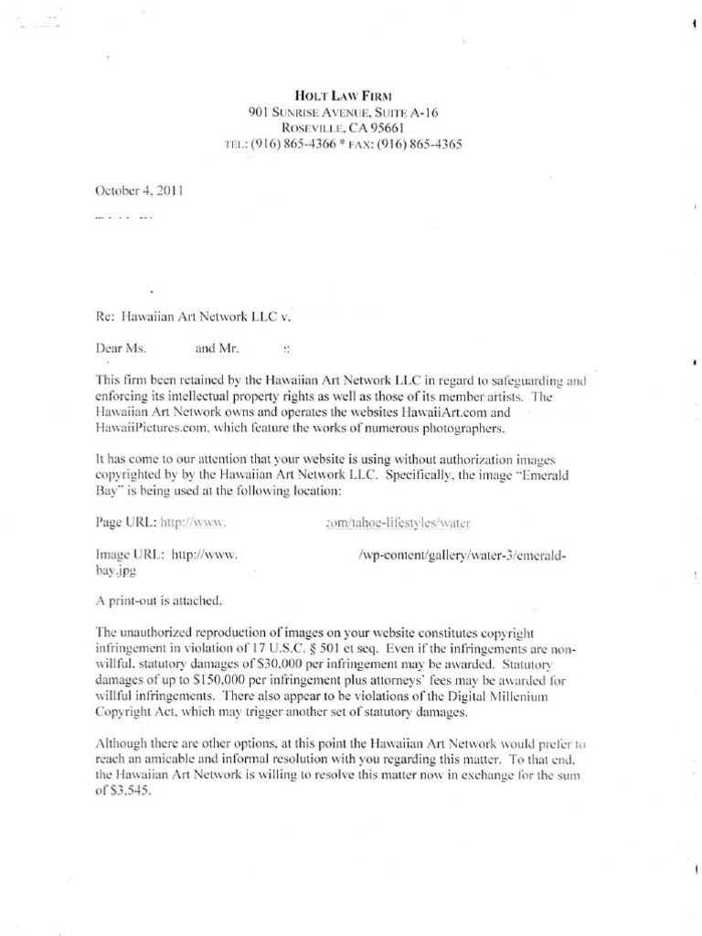 Attorney Peter T. Holt Settlement Demand Letter PDF