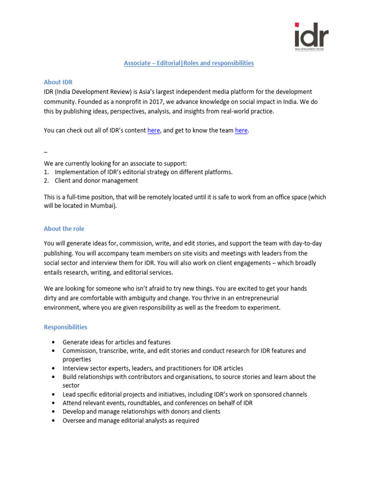 Editorial Associate Job at IDR | PDF | Experience | Cognition