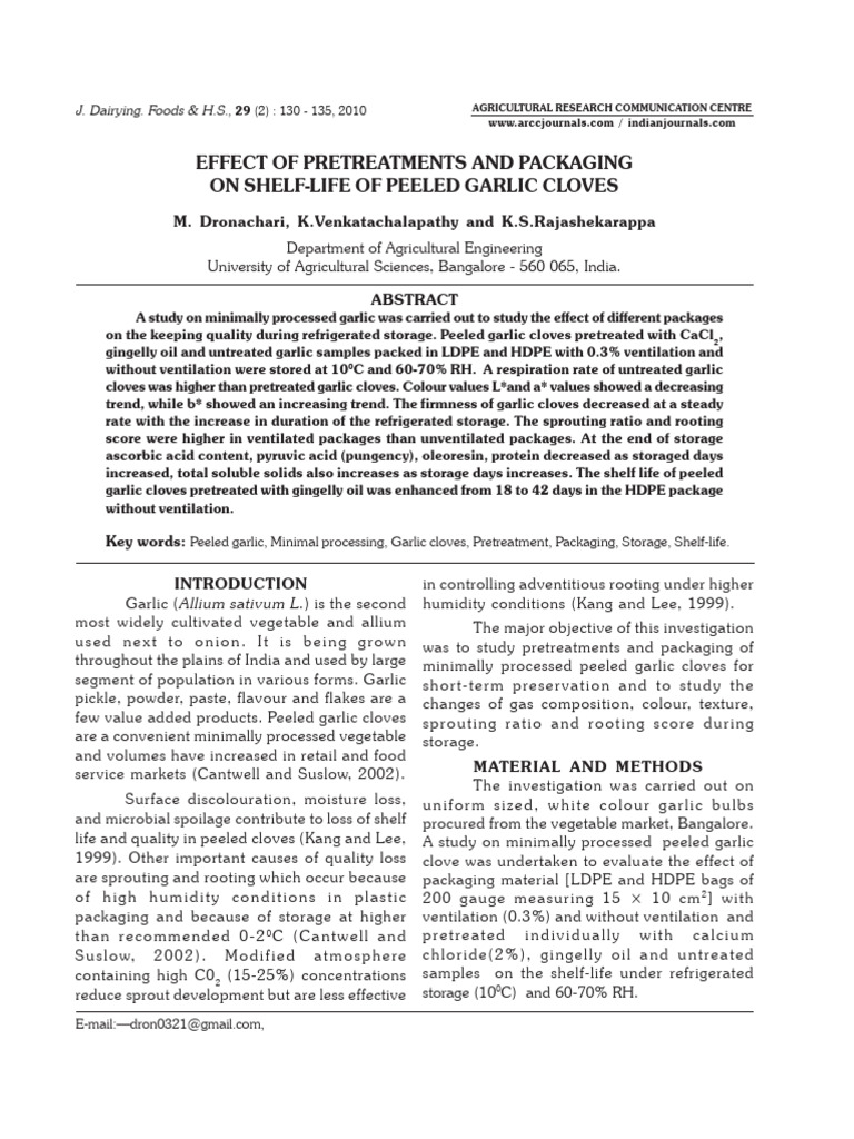 Effect of Pretreatments and Packaging On ShelfLife of Peeled Garlic