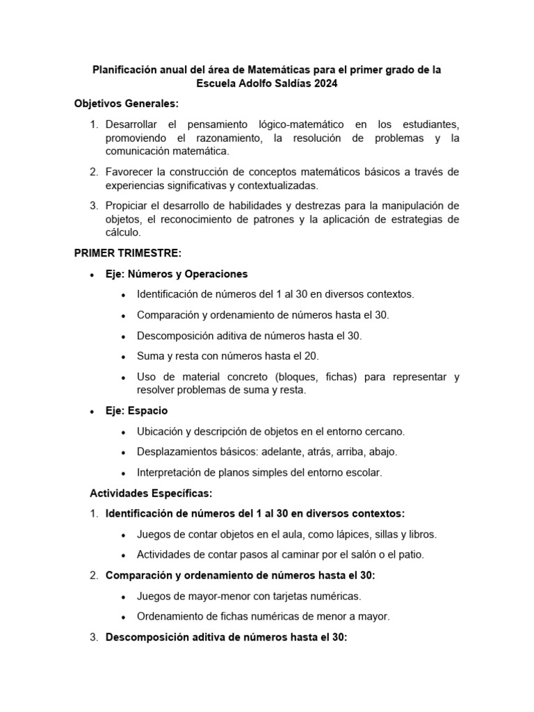 Planificación Matemática Primer Grado 2024 | PDF