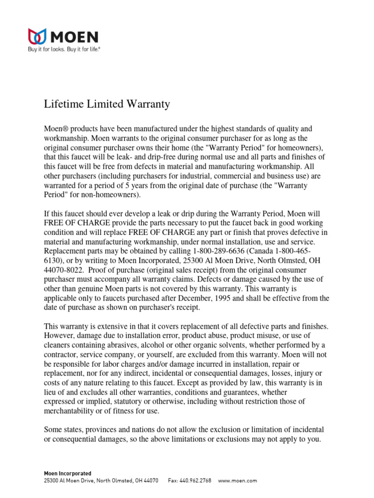 Moen Lifetime Warranty No Receiptnull
