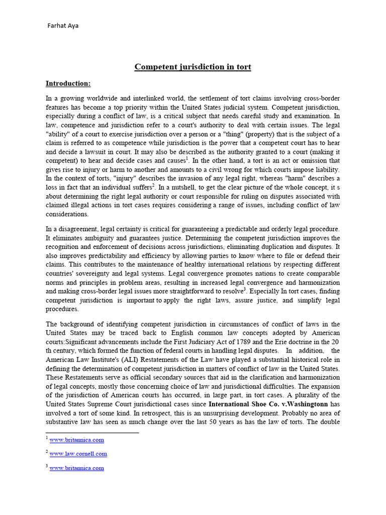 Competent Jurisdiction in Tort Dissertation | PDF | Tort | Minimum Contacts