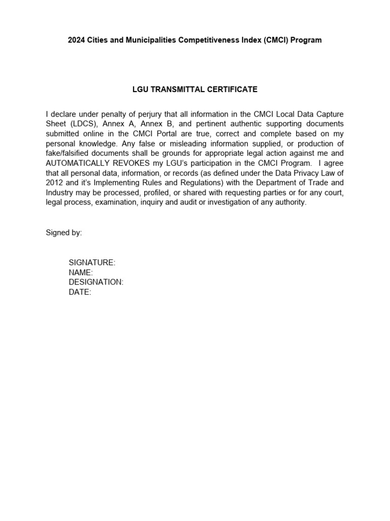 CMCI 2024 LGU Transmittal Certificate | PDF