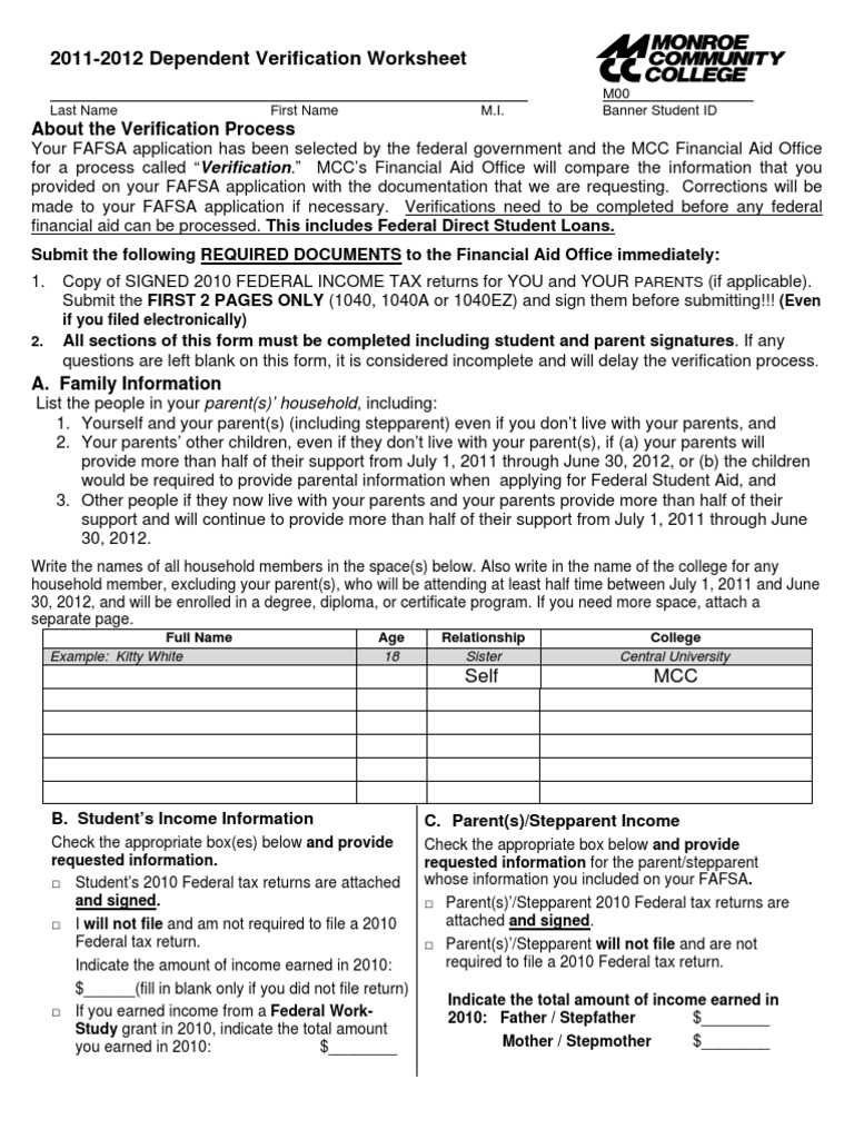 2011-2012 Dependent Verification Form | PDF | Irs Tax Forms | Student ...