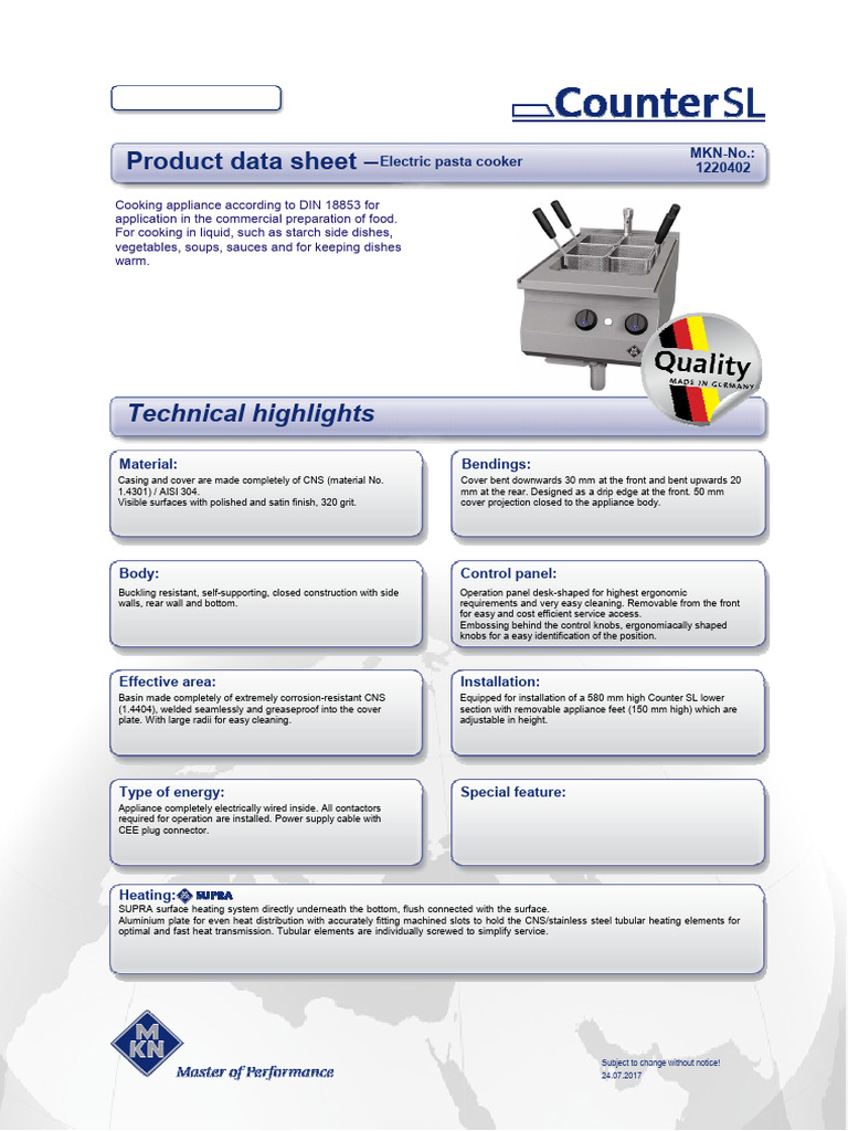 MKN Electric Pasta Cooker PDF