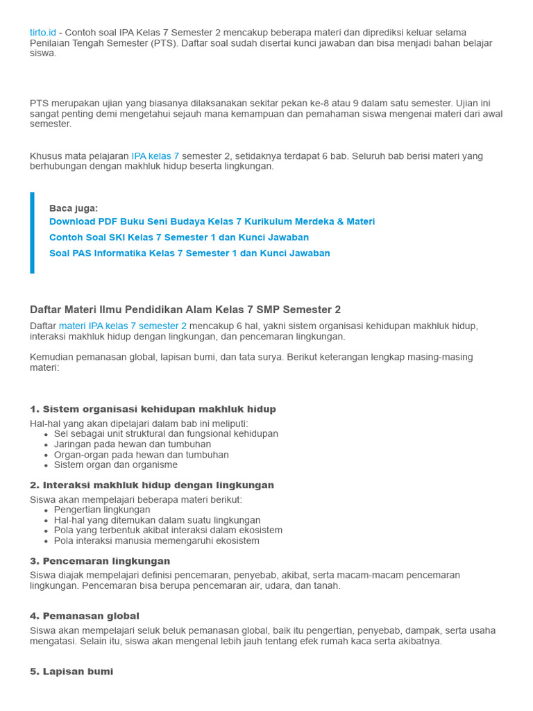 Contoh Soal Pts Ipa Kelas 7 Semester 2 Kurikulum Merdeka Jawaban Pdf