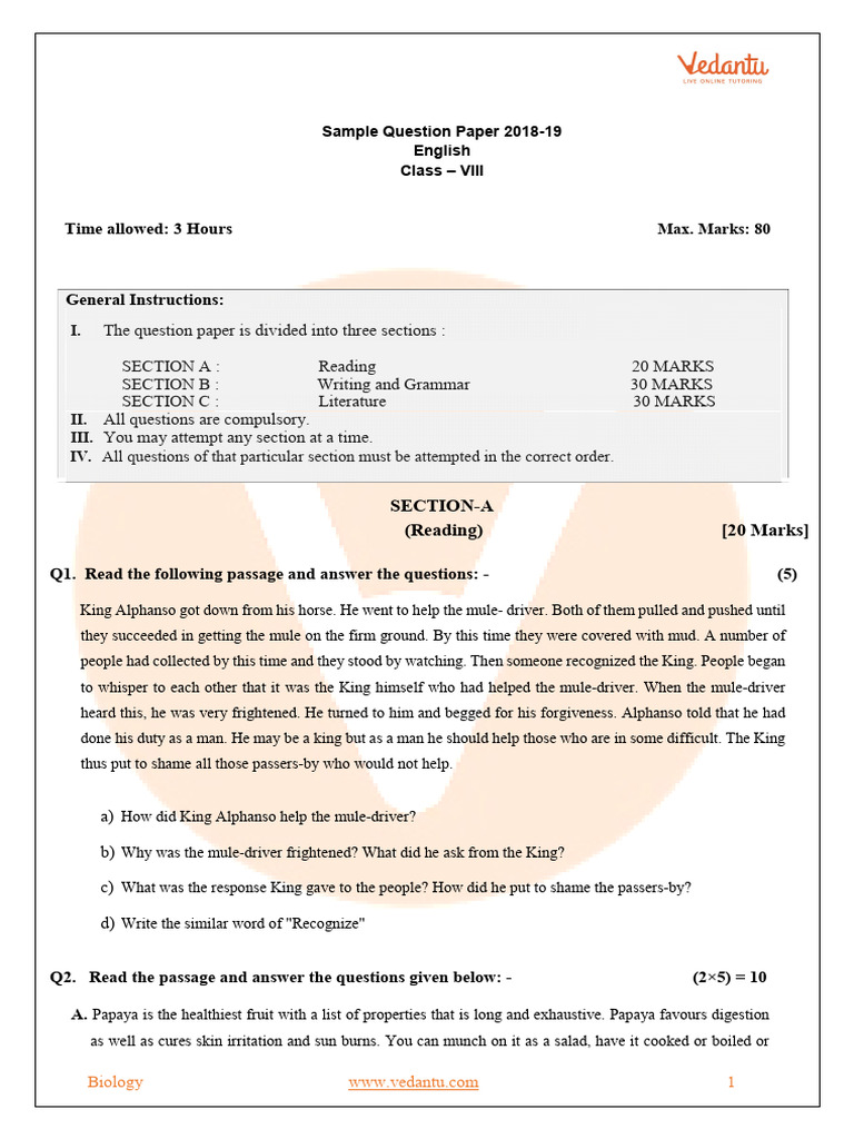 CBSE Sample Paper For Class 8 English With Solutions - Mock Paper-1 ...
