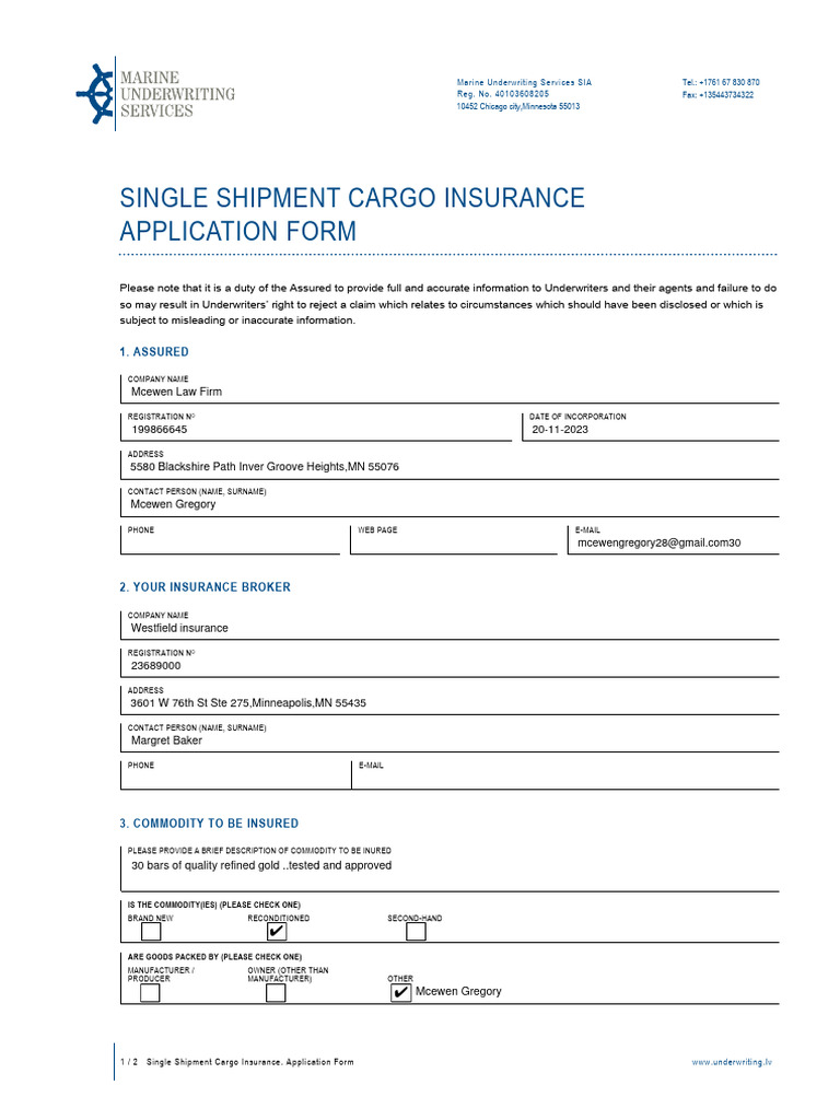 Single Shipment Cargo Insurance Form | PDF | Cargo | Insurance