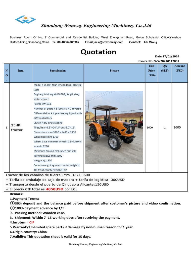 Shandong Wonway 25HP Tractor Quotation | PDF