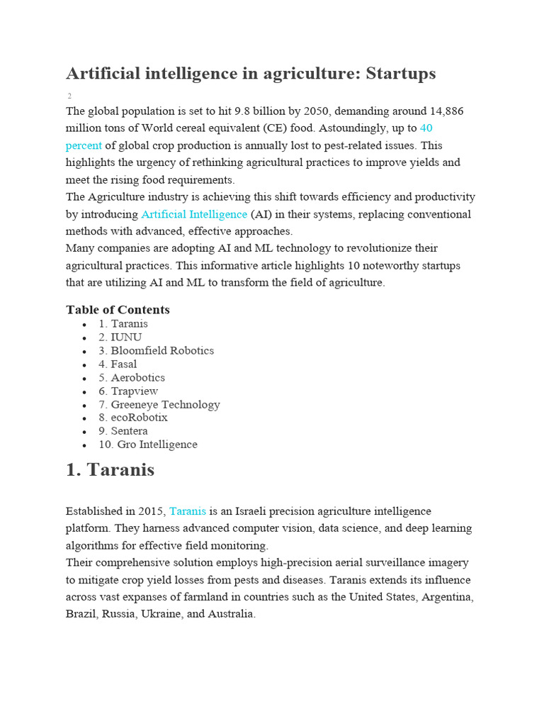 Artificial Intelligence in Agriculture: Indian Startups | PDF