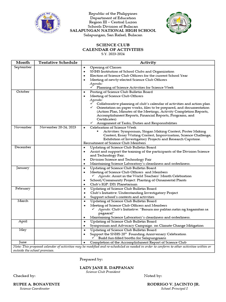 Science Club Activities Calendar 2023-2024 | PDF