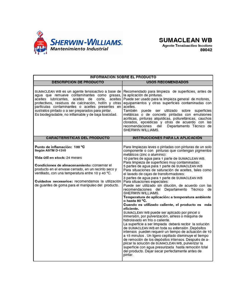 Ficha Tecnica Sumaclean WB Sherwin Williams | PDF