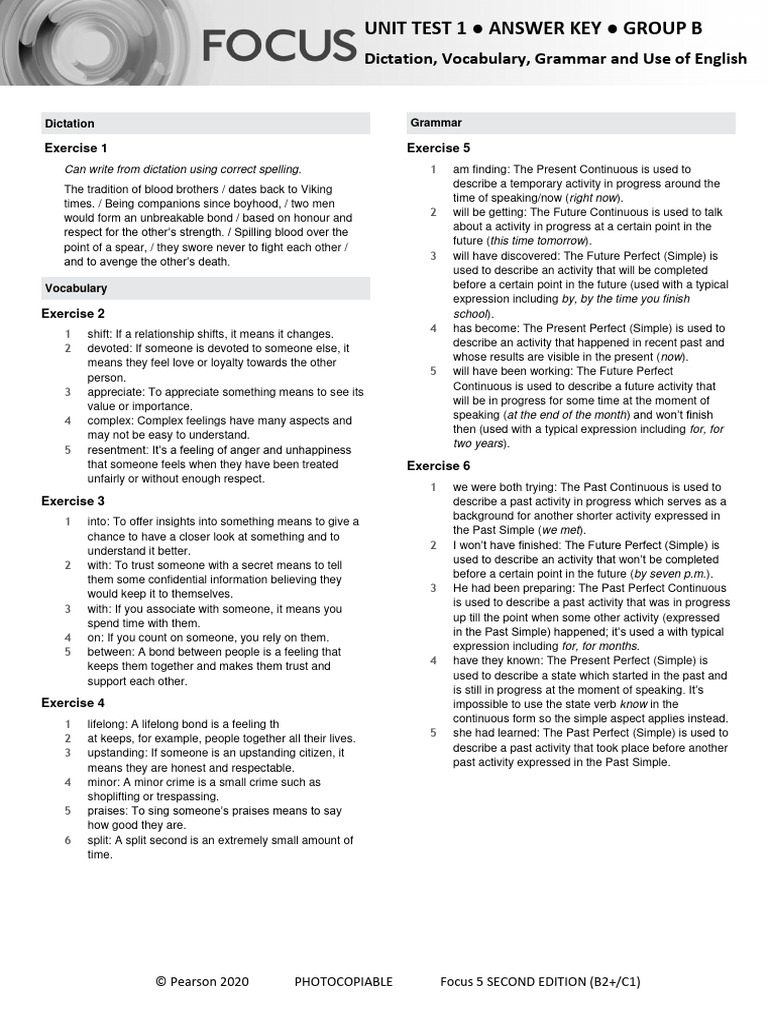 Focus 5 Unit 1 Test Answer Key | PDF | Perfect (Grammar) | Linguistics