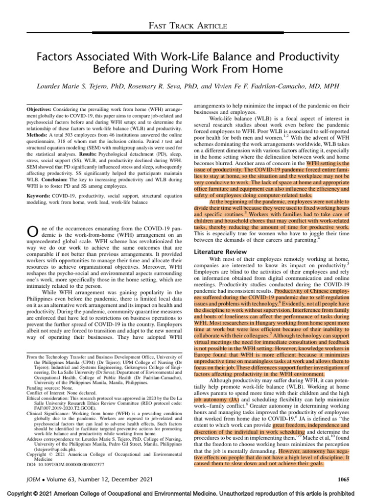 Work-Life Balance and Productivity WFH | PDF