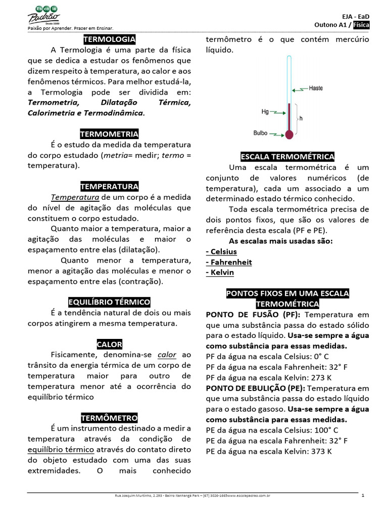 Termologia: Calor e Temperatura na Física | PDF | Temperatura | Celsius
