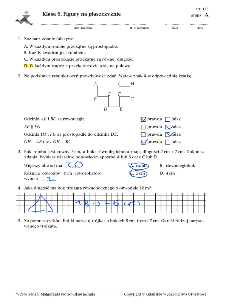 Matematyka Klasa 6 Sprawdzian Figury Na Płaszczyźnie KL.6 sPRAWDZIAN fIGURY NA PŁASZCZYŹNIE-questions PDF | PDF