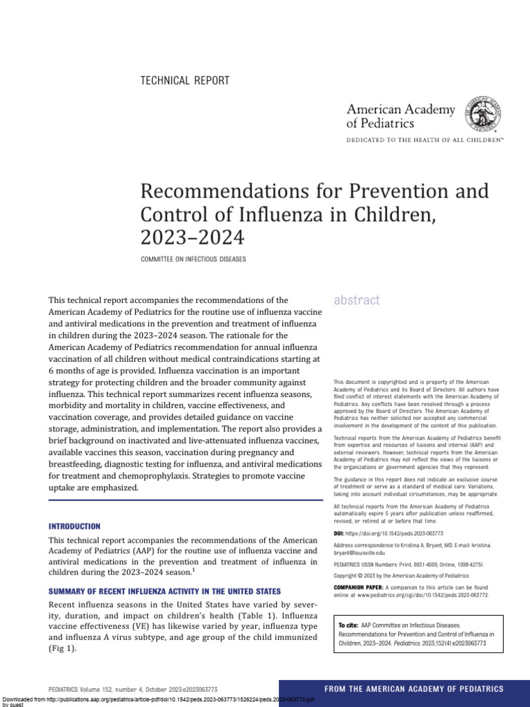 Recommendations For Prevention and Control of Influenza in Children ...