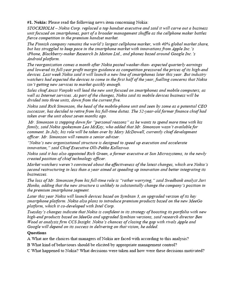 C1 - Case 3 - Control Problems | PDF | Enron | Nokia