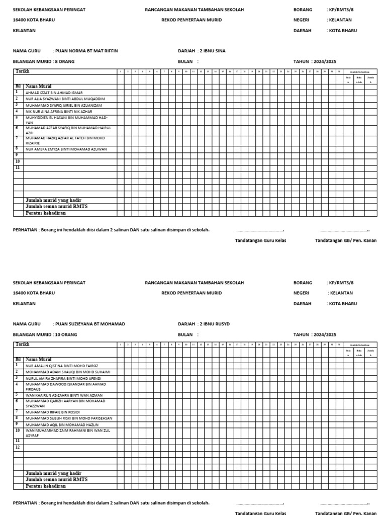 Rekod Kehadiran Murid RMTS 2024 | PDF