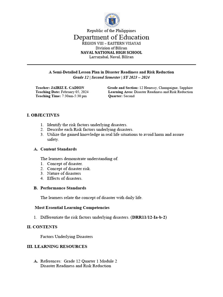 Disaster Readiness Lesson Plan for Grade 12 | PDF | Teachers | Learning