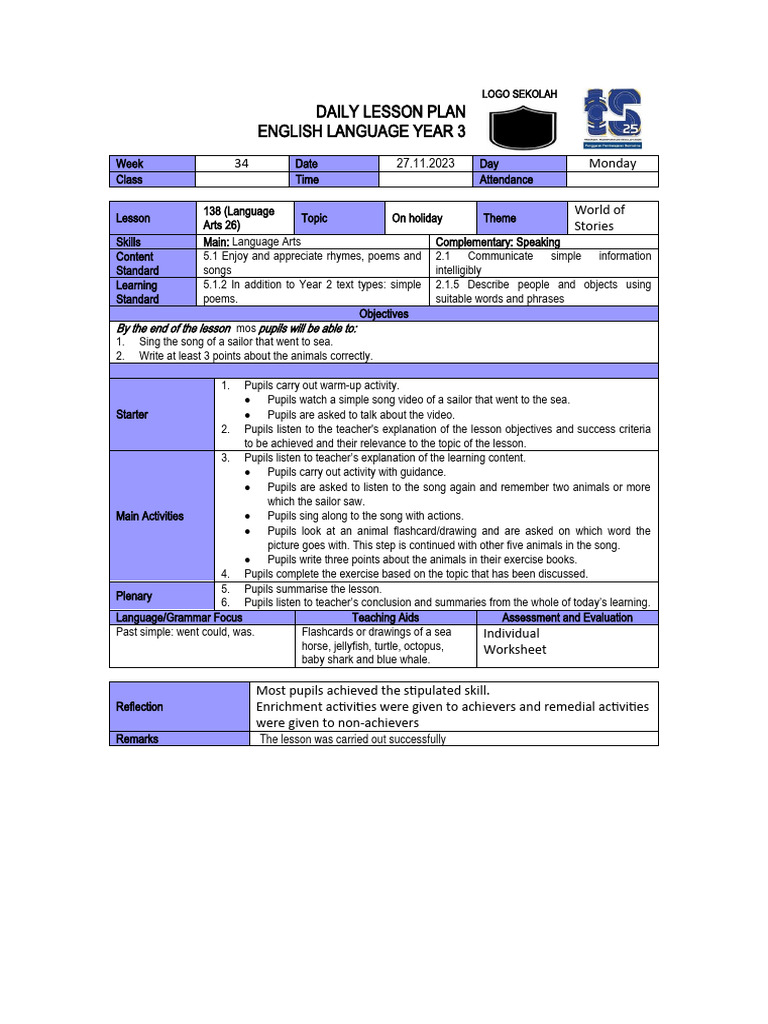 Year 3 English Lesson Plan: Holidays | PDF | Lesson Plan | Teachers