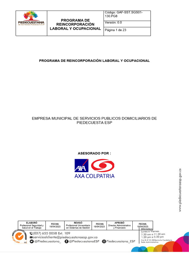 PG8 Programa de Reincorporacion Laboral y Ocupacional | PDF | Invalidez ...