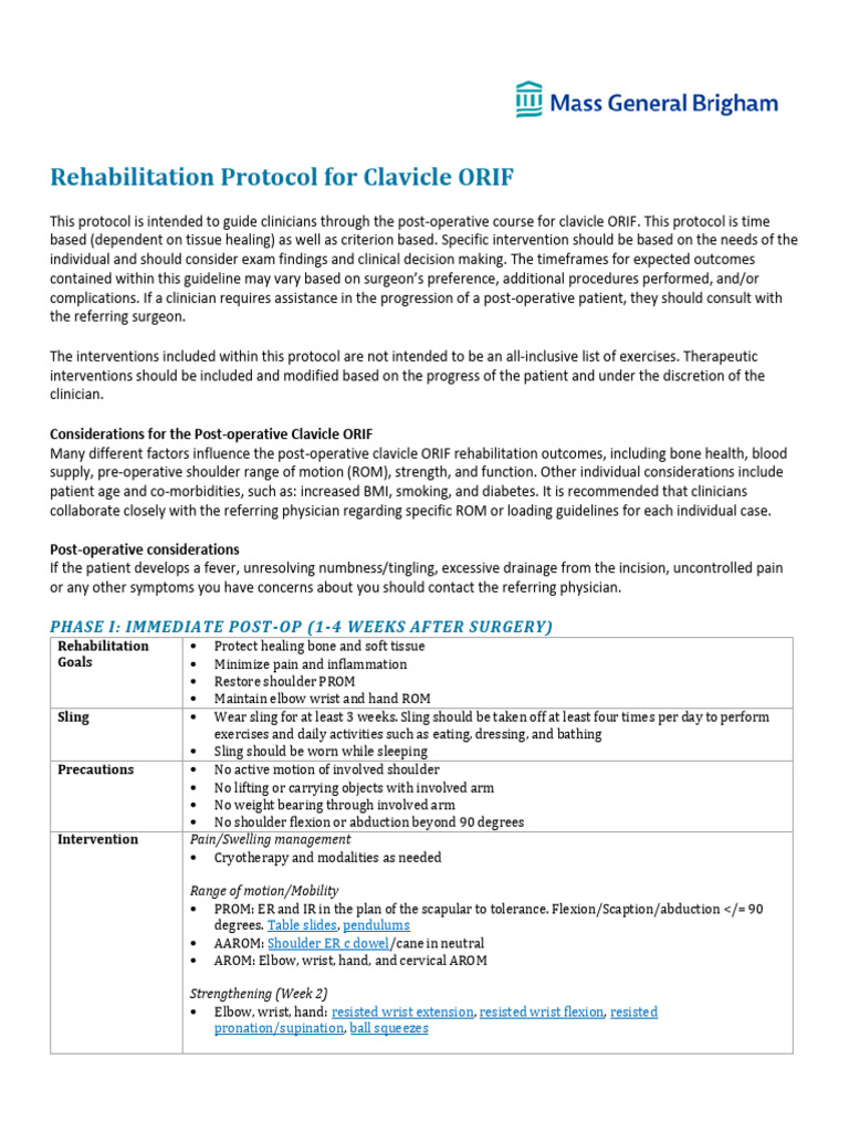 Rehabilitation Protocol for Clavicle Orif PDF Anatomical Terms Of