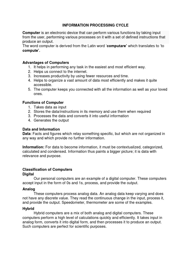 INFORMATION PROCESSING CYCLE | PDF | Computer Data Storage | Input/Output