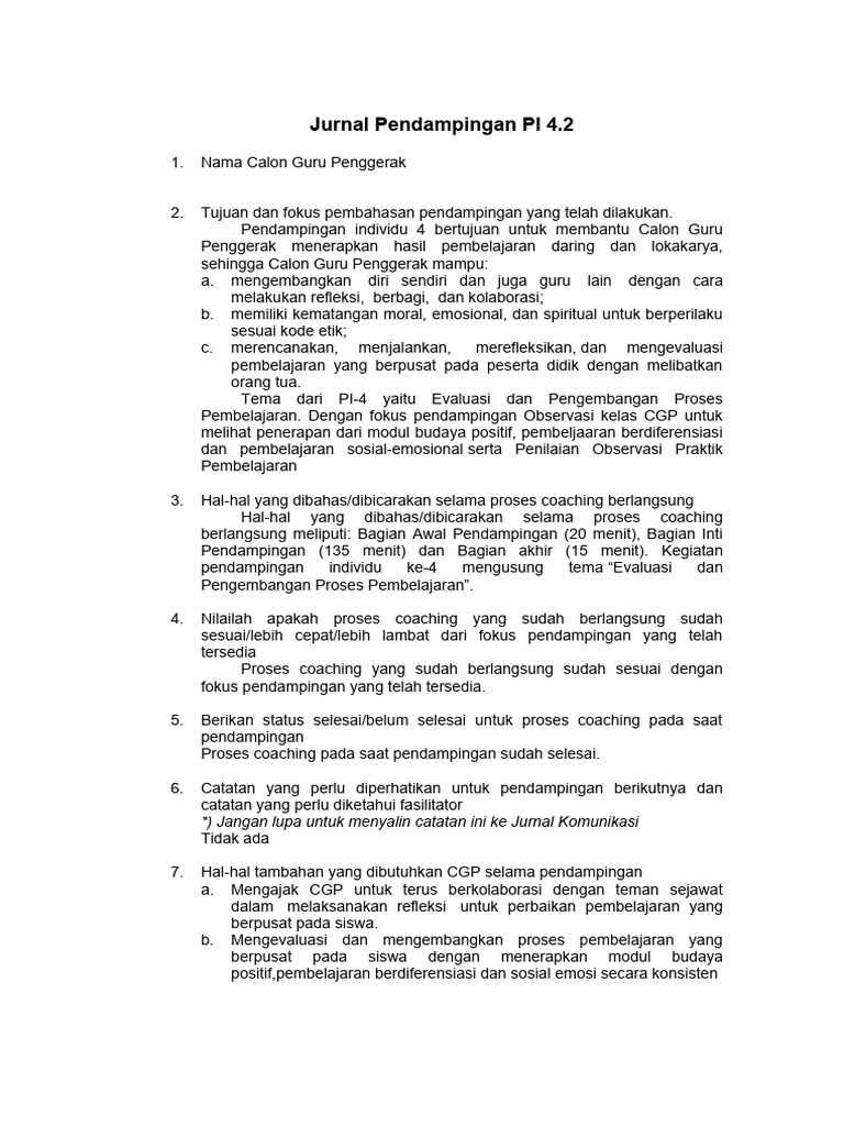 Jurnal Pendampingan Guru Penggerak PI 4.2 | PDF | Karier & Perkembangan
